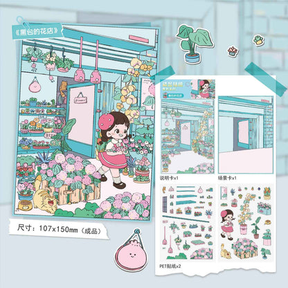 Cute Girl – 3D Miniature Sticker Scenes - 4 Theme Sets: Kitchen | Flower Shop | Art Store | Bakery