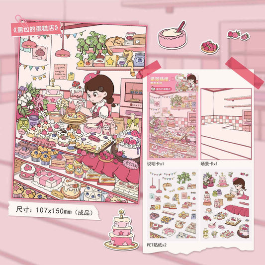 Cute Girl – 3D Miniature Sticker Scenes - 4 Theme Sets: Kitchen | Flower Shop | Art Store | Bakery