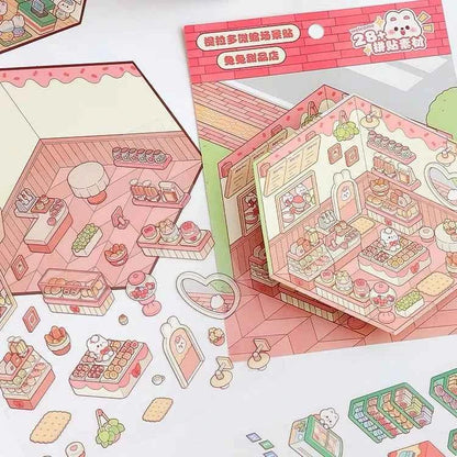 Cute Bunny 3D Isometric Room Stickers - 4 Theme Sets: Bunny Dessert Shop | Bunny Market | Bunny Bookstore | Bunny Burger Shop - SNSEASY