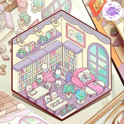 Cute Bunny 3D Isometric Room Stickers - 4 Theme Sets: Bunny Dessert Shop | Bunny Market | Bunny Bookstore | Bunny Burger Shop - SNSEASY