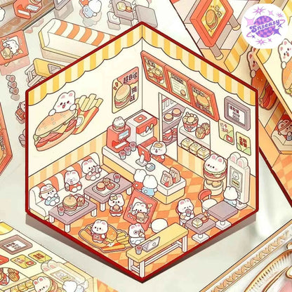 Cute Bunny 3D Isometric Room Stickers - 4 Theme Sets: Bunny Dessert Shop | Bunny Market | Bunny Bookstore | Bunny Burger Shop - SNSEASY