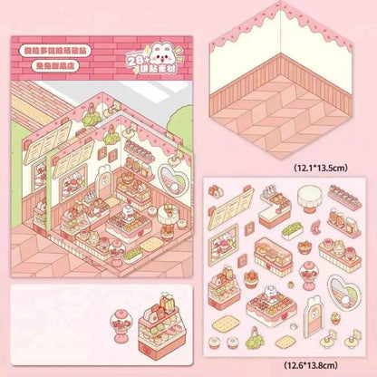 Cute Bunny 3D Isometric Room Stickers - 4 Theme Sets: Bunny Dessert Shop | Bunny Market | Bunny Bookstore | Bunny Burger Shop - SNSEASY