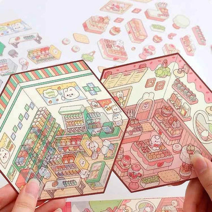 Cute Bunny 3D Isometric Room Stickers - 4 Theme Sets: Bunny Dessert Shop | Bunny Market | Bunny Bookstore | Bunny Burger Shop - SNSEASY