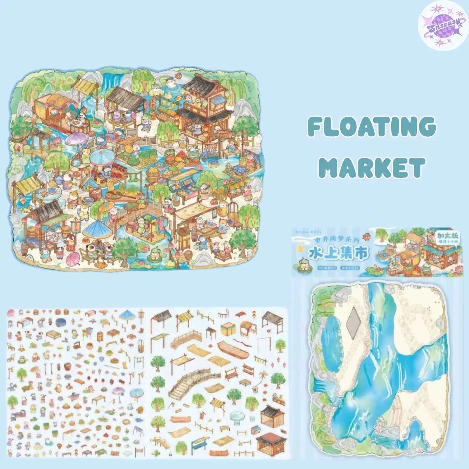 Chinese-Style Market – Plus Size 3D Miniature Sticker Scenes – 4 Theme Sets: Garden Fair | Floating Market | Forest Bazaar | Fireworks Festival