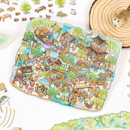 Chinese-Style Market – Plus Size 3D Miniature Sticker Scenes – 4 Theme Sets: Garden Fair | Floating Market | Forest Bazaar | Fireworks Festival