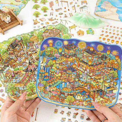 Chinese-Style Market – Plus Size 3D Miniature Sticker Scenes – 4 Theme Sets: Garden Fair | Floating Market | Forest Bazaar | Fireworks Festival
