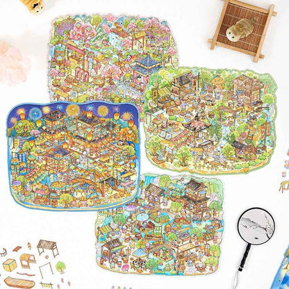 Chinese-Style Market – Plus Size 3D Miniature Sticker Scenes – 4 Theme Sets: Garden Fair | Floating Market | Forest Bazaar | Fireworks Festival