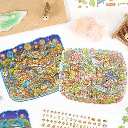 Chinese-Style Market – Plus Size 3D Miniature Sticker Scenes – 4 Theme Sets: Garden Fair | Floating Market | Forest Bazaar | Fireworks Festival