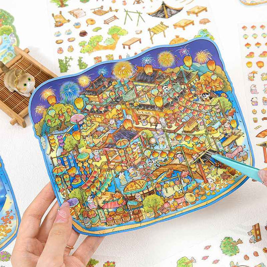 Chinese-Style Market – Plus Size 3D Miniature Sticker Scenes – 4 Theme Sets: Garden Fair | Floating Market | Forest Bazaar | Fireworks Festival