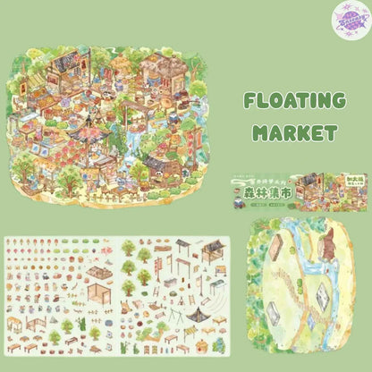 Chinese-Style Market – Plus Size 3D Miniature Sticker Scenes – 4 Theme Sets: Garden Fair | Floating Market | Forest Bazaar | Fireworks Festival