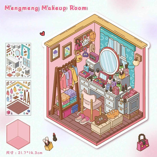 Room Corners – 3D Miniature Sticker Scenes – 4 Theme Sets: Study Corner | Time Mini Store | Cute Makeup Room | Doll Gaming Room