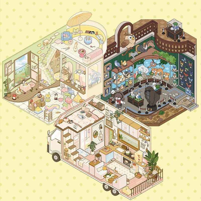 Yuki's Adventure – 3D Miniature Sticker Scenes – 11 Theme Sets: Dollhouse | Magic House | Aquarium | Dessert House | Botanical Lab | Space Capsule | Mushroom Manor | School | Camper Van | Cat Café | Animal Museum