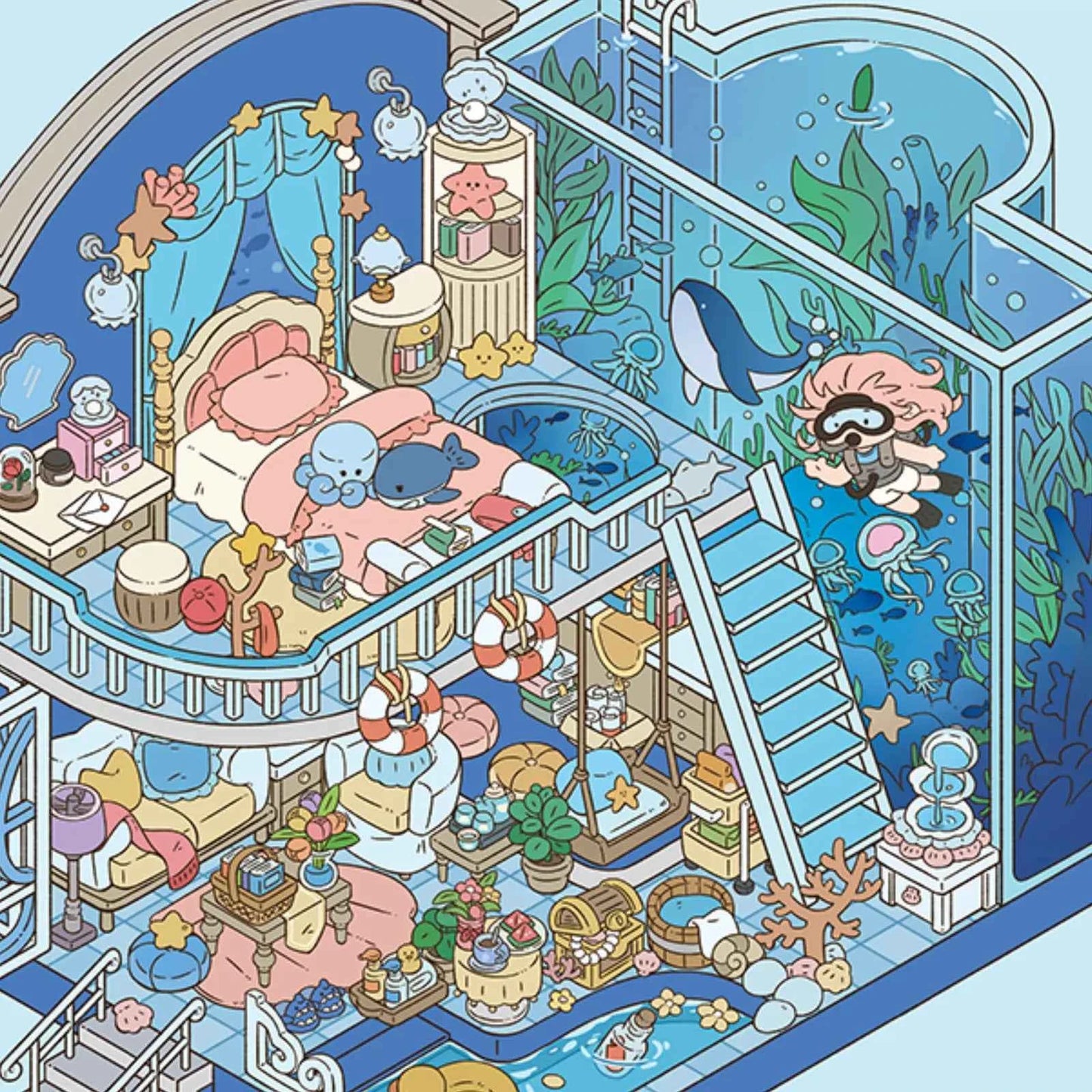 Yuki's Adventure – 3D Miniature Sticker Scenes – 11 Theme Sets: Dollhouse | Magic House | Aquarium | Dessert House | Botanical Lab | Space Capsule | Mushroom Manor | School | Camper Van | Cat Café | Animal Museum