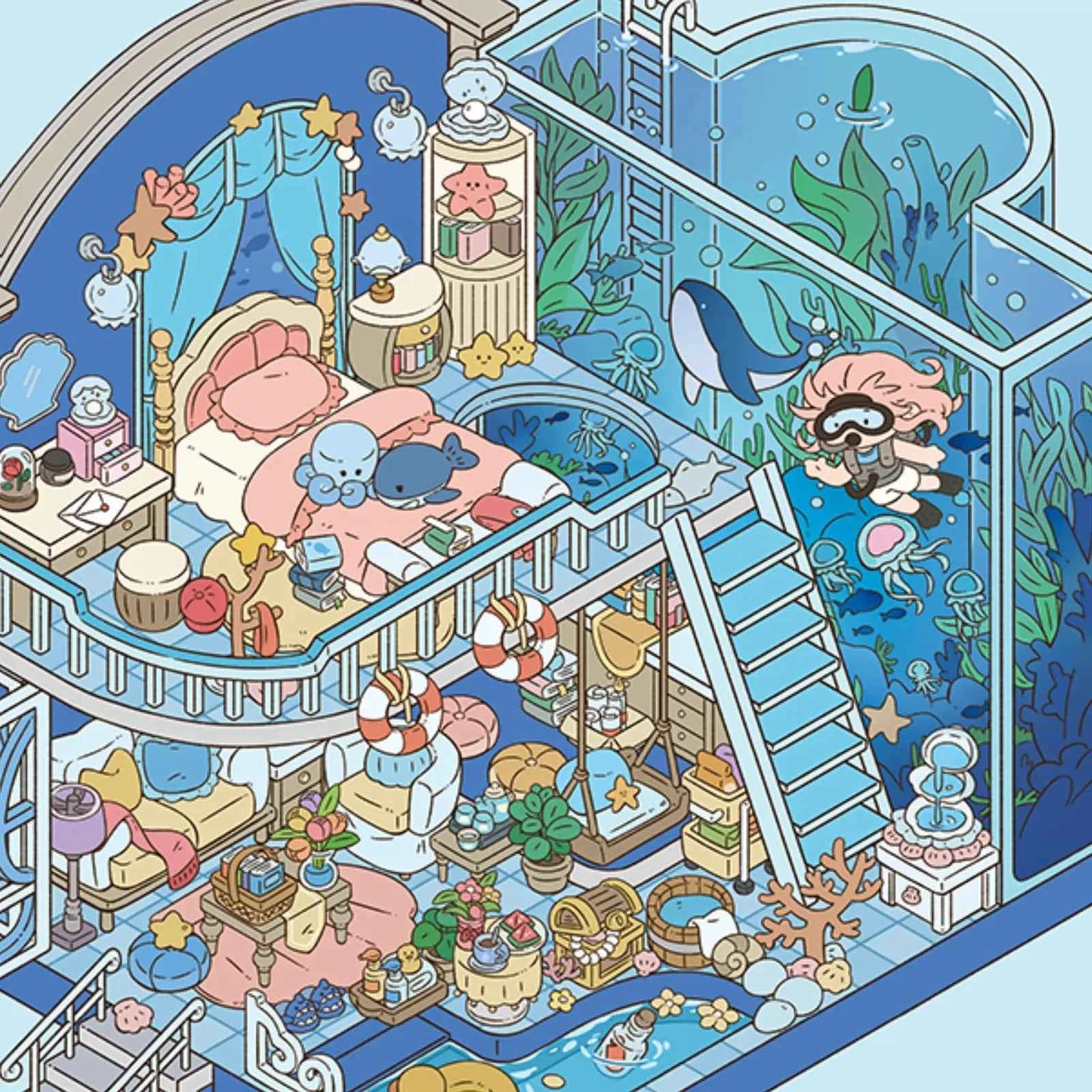Yuki's Adventure – 3D Miniature Sticker Scenes – 11 Theme Sets: Dollhouse | Magic House | Aquarium | Dessert House | Botanical Lab | Space Capsule | Mushroom Manor | School | Camper Van | Cat Café | Animal Museum