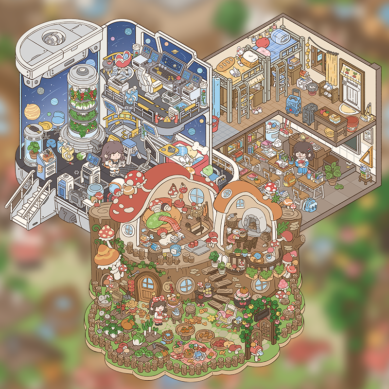 Yuki's Adventure – 3D Miniature Sticker Scenes – 11 Theme Sets: Dollhouse | Magic House | Aquarium | Dessert House | Botanical Lab | Space Capsule | Mushroom Manor | School | Camper Van | Cat Café | Animal Museum