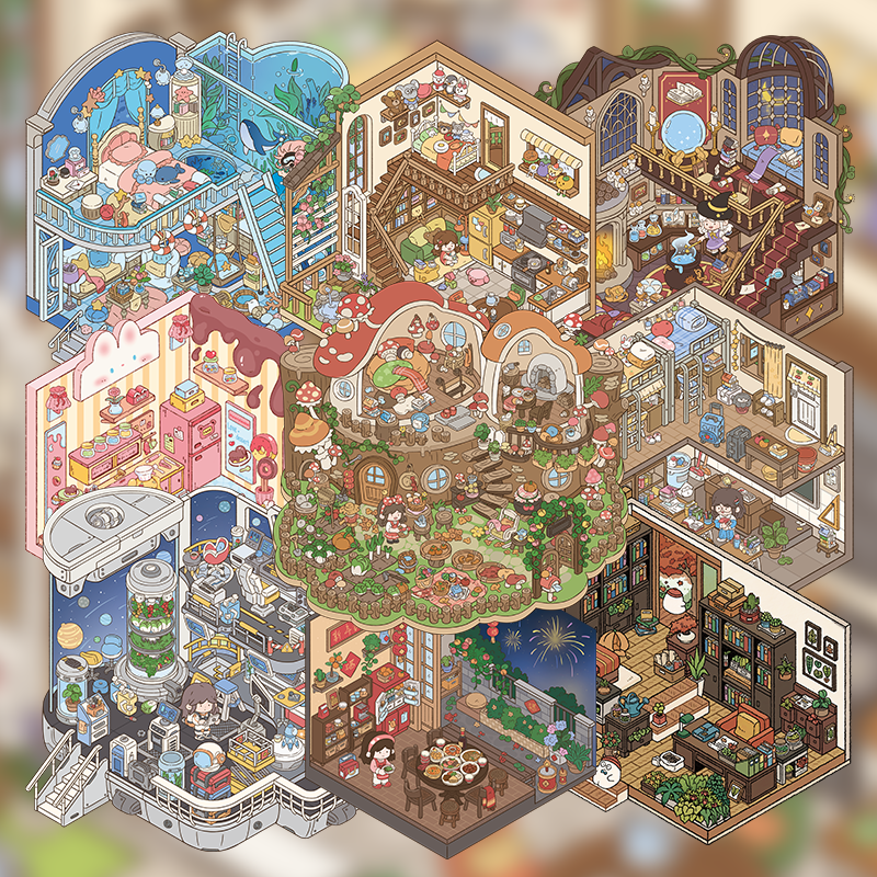 Yuki's Adventure – 3D Miniature Sticker Scenes – 11 Theme Sets: Dollhouse | Magic House | Aquarium | Dessert House | Botanical Lab | Space Capsule | Mushroom Manor | School | Camper Van | Cat Café | Animal Museum