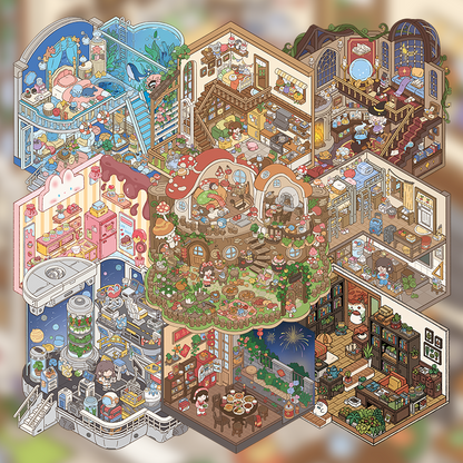 Yuki's Adventure – 3D Miniature Sticker Scenes – 11 Theme Sets: Dollhouse | Magic House | Aquarium | Dessert House | Botanical Lab | Space Capsule | Mushroom Manor | School | Camper Van | Cat Café | Animal Museum
