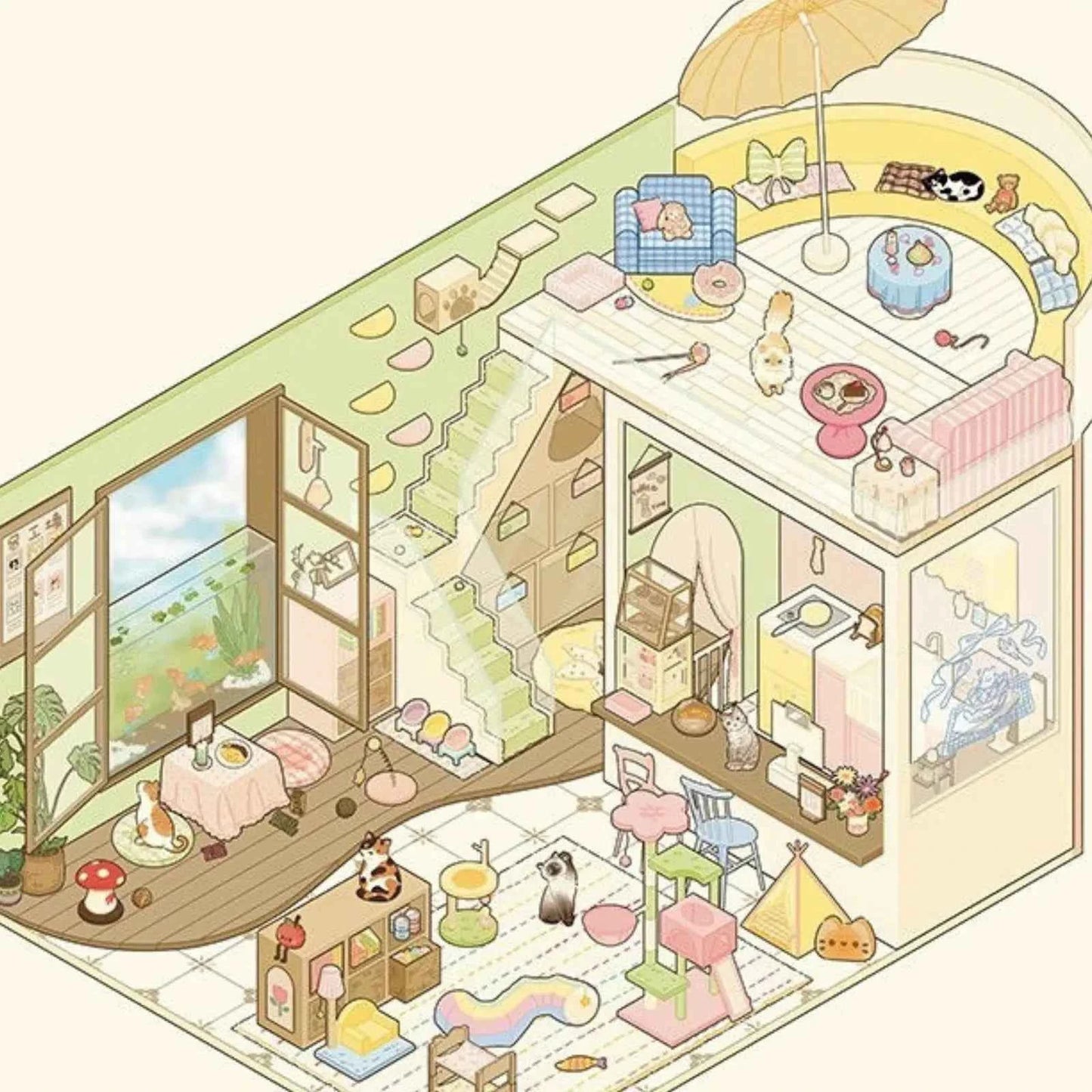 Yuki's Adventure – 3D Miniature Sticker Scenes – 11 Theme Sets: Dollhouse | Magic House | Aquarium | Dessert House | Botanical Lab | Space Capsule | Mushroom Manor | School | Camper Van | Cat Café | Animal Museum