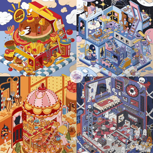 Fantasy Dreamscape – 3D Miniature Scene Stickers – 4 Theme Sets: Dessert House Dream | Bubble House Dream | Haunted Adventure Dream | Giant Burger Dream