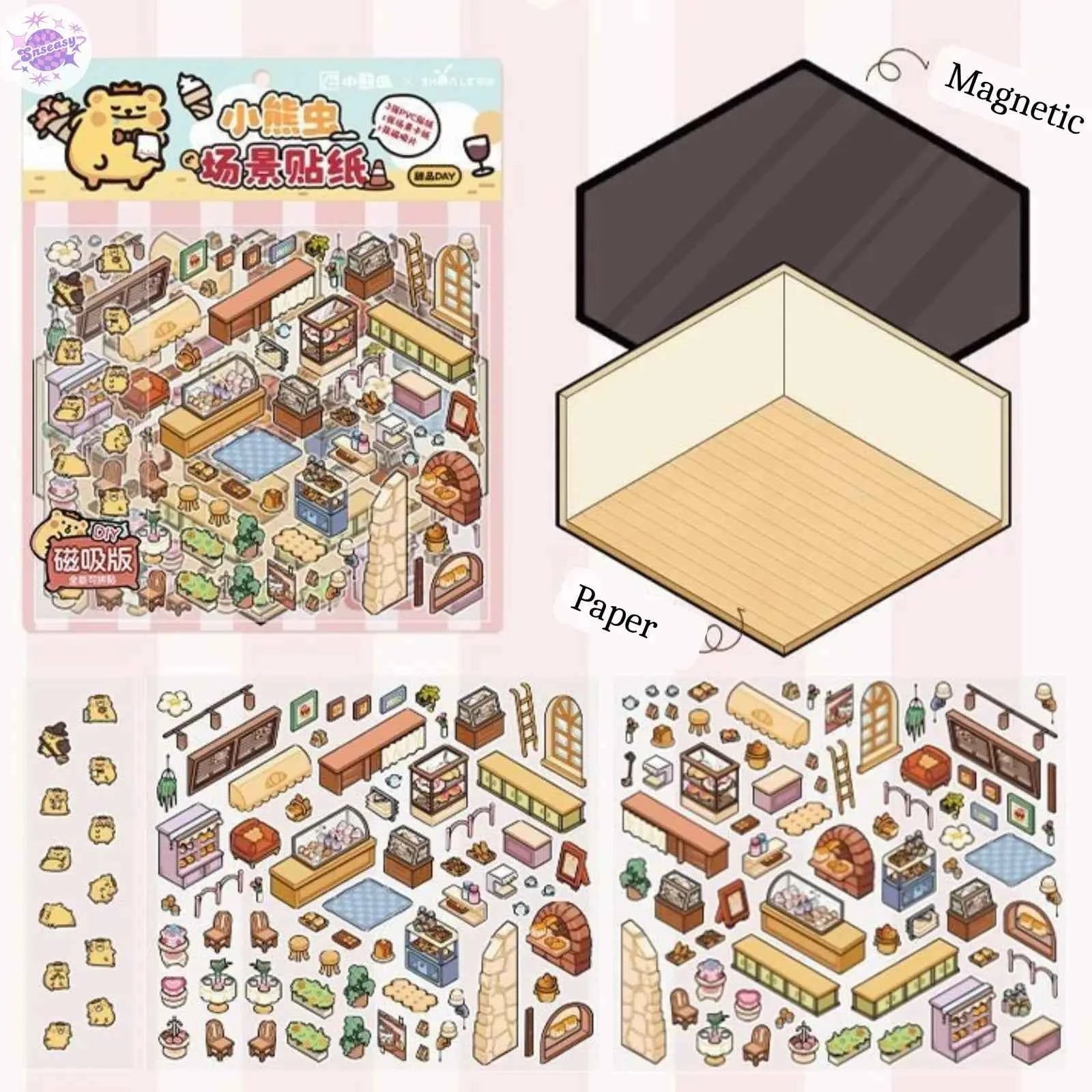 A Day with Cute Bear – 3D Scene Sticker with Bonus Magnetic Sheet – 4 Theme Sets: Stay-at-Home | Work | Camping | Desserts