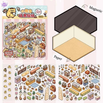 A Day with Cute Bear – 3D Scene Sticker with Bonus Magnetic Sheet – 4 Theme Sets: Stay-at-Home | Work | Camping | Desserts