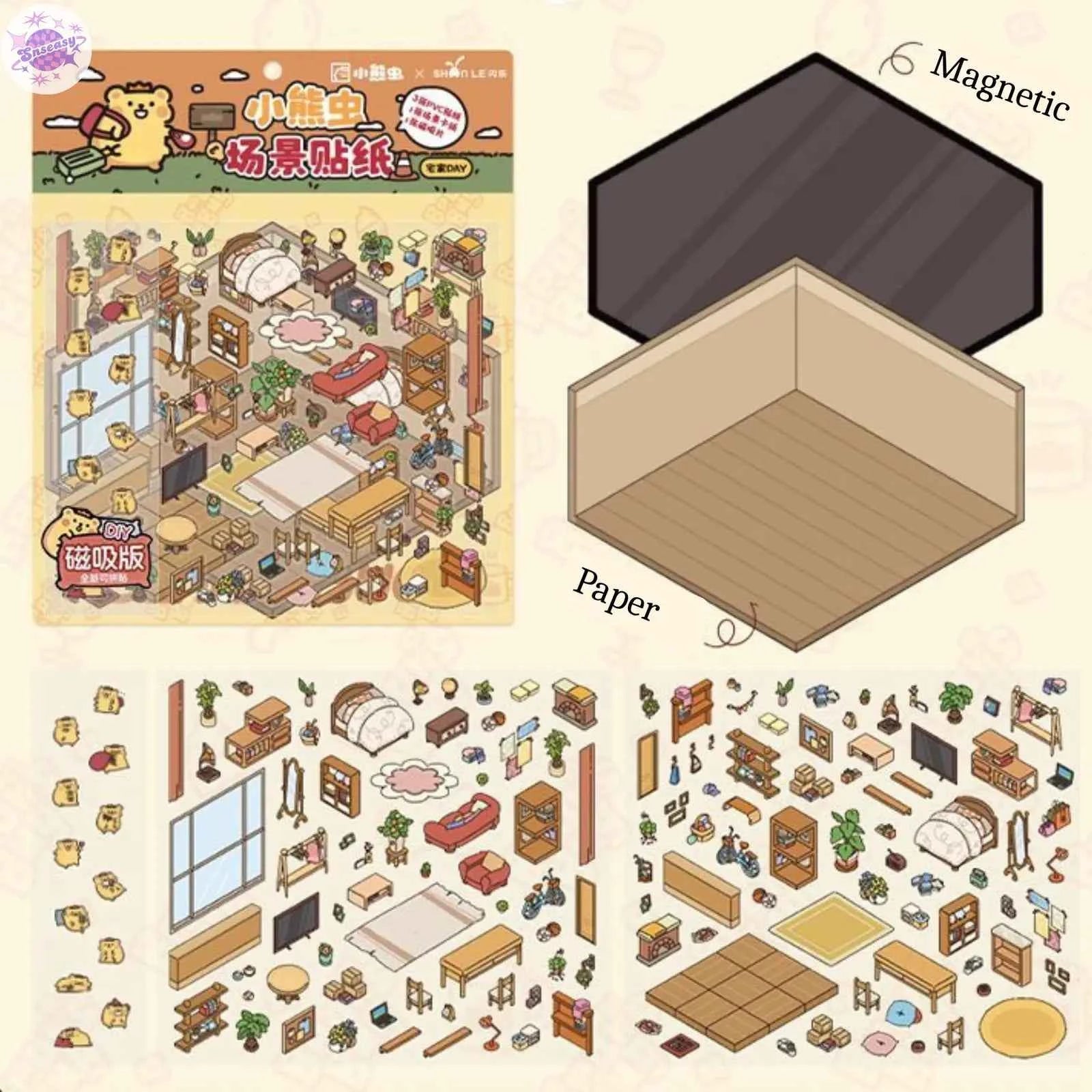 A Day with Cute Bear – 3D Scene Sticker with Bonus Magnetic Sheet – 4 Theme Sets: Stay-at-Home | Work | Camping | Desserts
