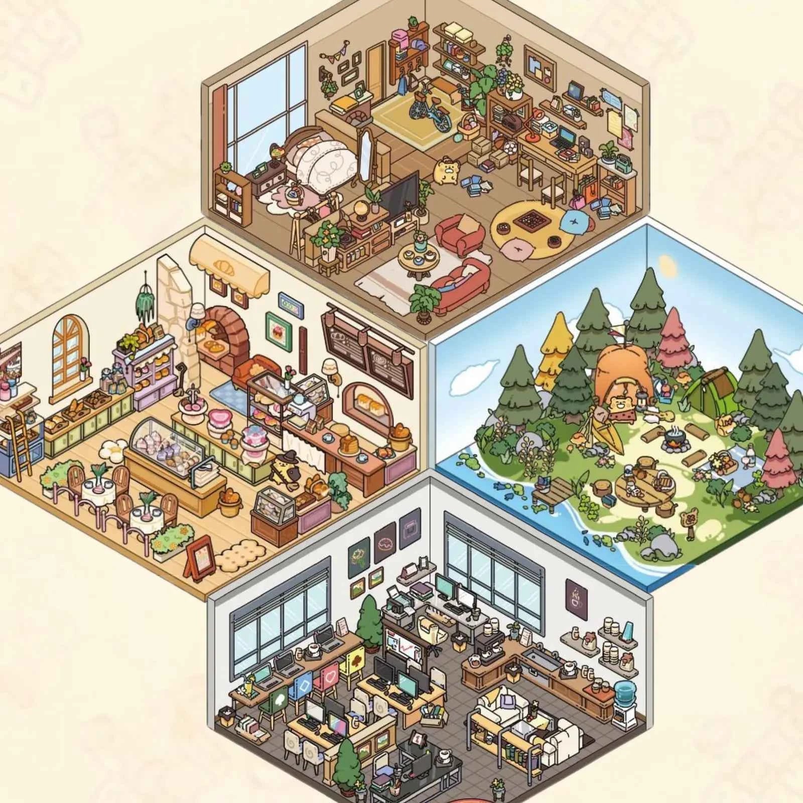 A Day with Cute Bear – 3D Scene Sticker with Bonus Magnetic Sheet – 4 Theme Sets: Stay-at-Home | Work | Camping | Desserts
