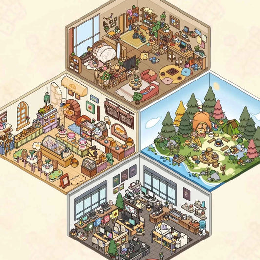 A Day with Cute Bear – 3D Scene Sticker with Bonus Magnetic Sheet – 4 Theme Sets: Stay-at-Home | Work | Camping | Desserts
