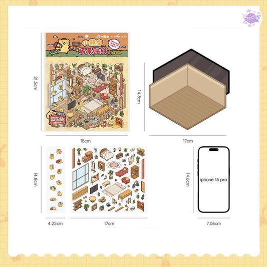 A Day with Cute Bear – 3D Scene Sticker with Bonus Magnetic Sheet – 4 Theme Sets: Stay-at-Home | Work | Camping | Desserts