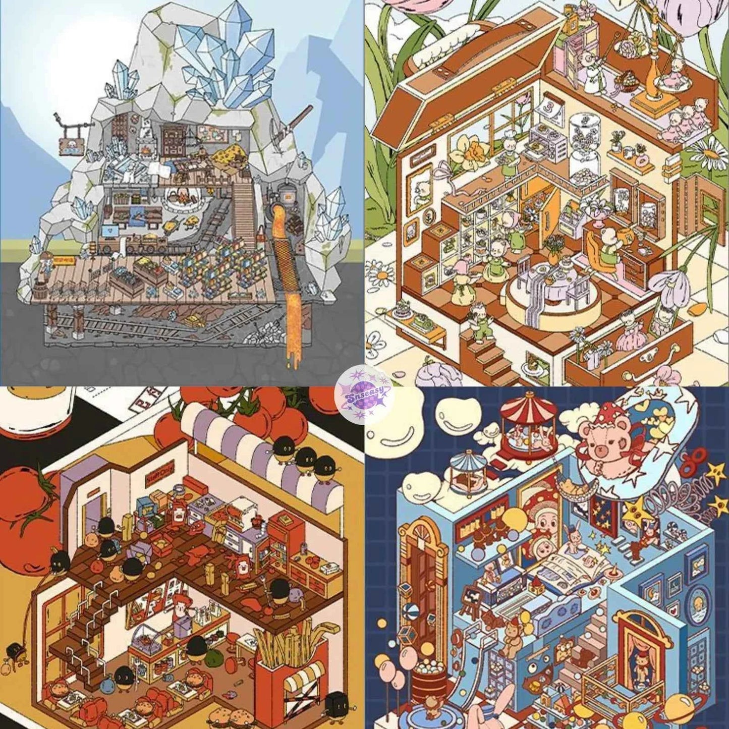 Mysterious Tales – Vintage Style Plus Size 3D Sticker Scenes – 4 Theme Sets: Secret Mine Treasure | Enchanted Toy Shop | The Great Golden Fries Heist | Bear’s Spring Day