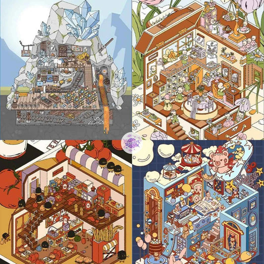 Mysterious Tales – Vintage Style Plus Size 3D Sticker Scenes – 4 Theme Sets: Secret Mine Treasure | Enchanted Toy Shop | The Great Golden Fries Heist | Bear’s Spring Day