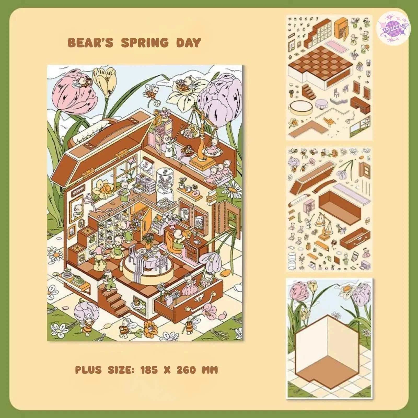 Mysterious Tales – Vintage Style Plus Size 3D Sticker Scenes – 4 Theme Sets: Secret Mine Treasure | Enchanted Toy Shop | The Great Golden Fries Heist | Bear’s Spring Day