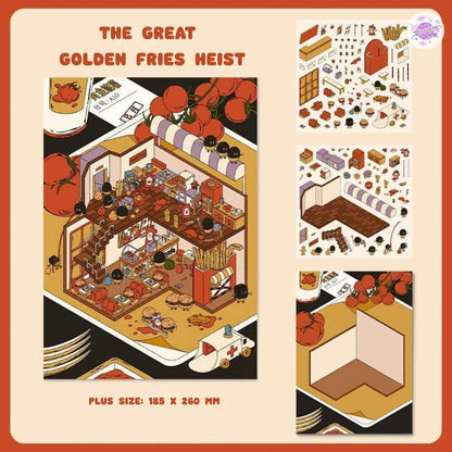 Mysterious Tales – Vintage Style Plus Size 3D Sticker Scenes – 4 Theme Sets: Secret Mine Treasure | Enchanted Toy Shop | The Great Golden Fries Heist | Bear’s Spring Day