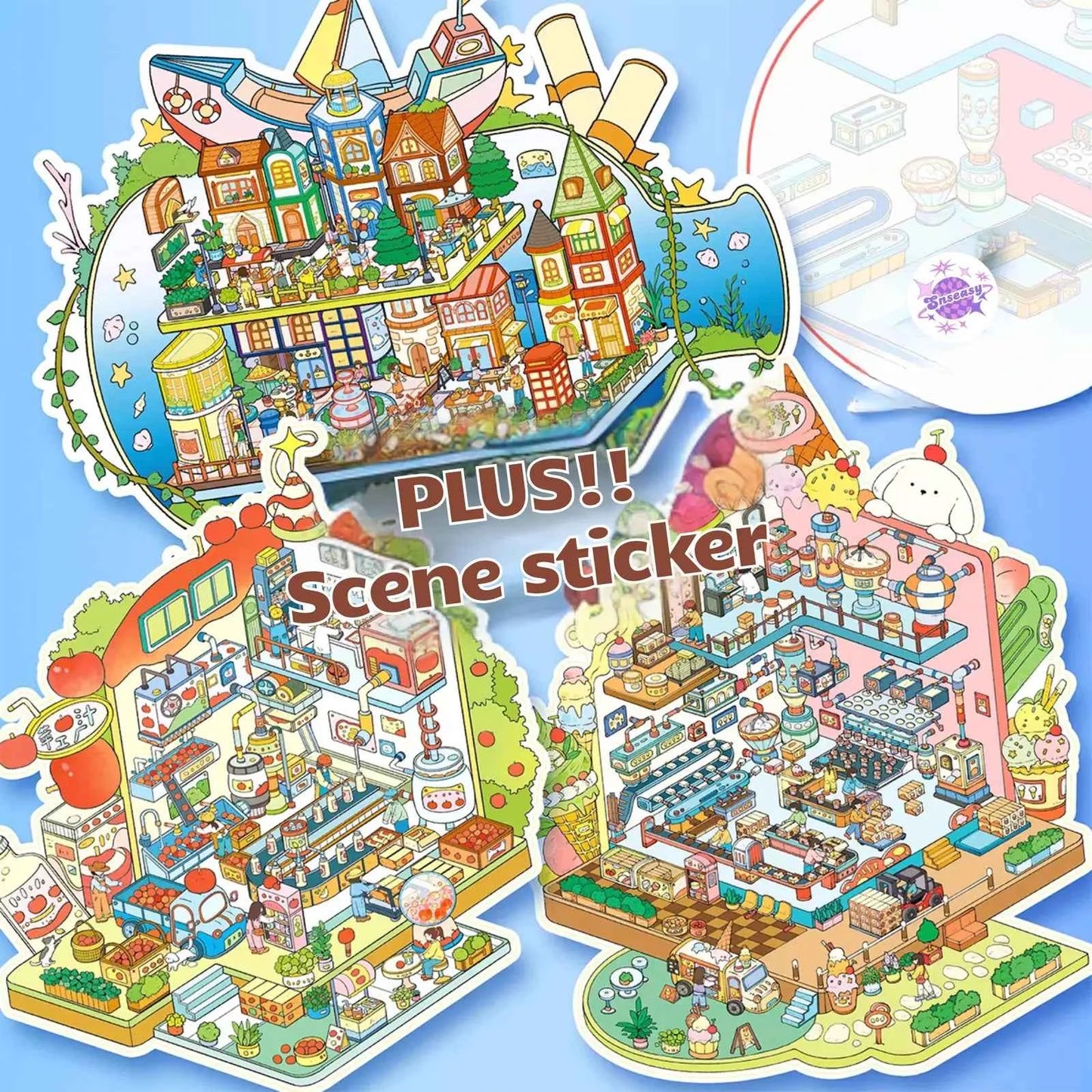 Plus Drifting Bottle – 3D Miniature Sticker Scenes - 3 Theme Sets: Apple Factory | Town Drift | Ice Cream Factory