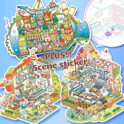 Plus Drifting Bottle – 3D Miniature Sticker Scenes - 3 Theme Sets: Apple Factory | Town Drift | Ice Cream Factory