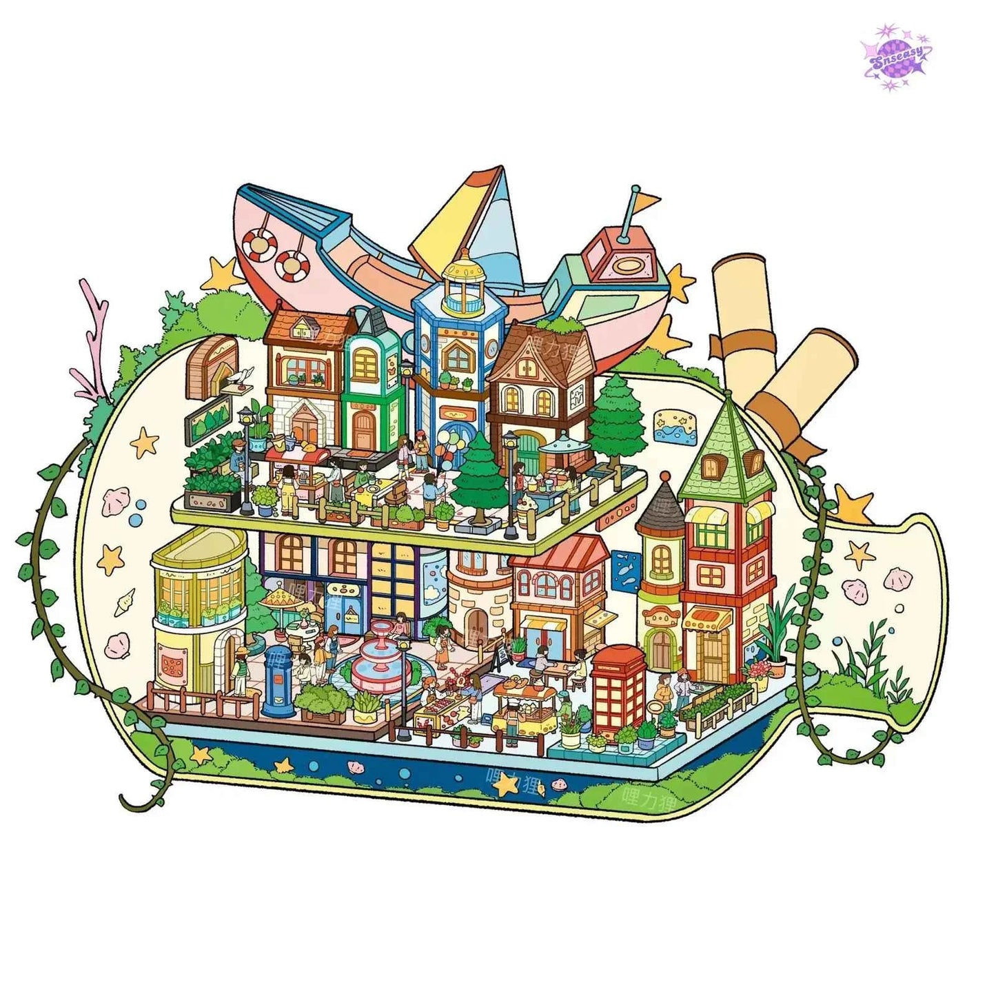 Plus Drifting Bottle – 3D Miniature Sticker Scenes - 3 Theme Sets: Apple Factory | Town Drift | Ice Cream Factory