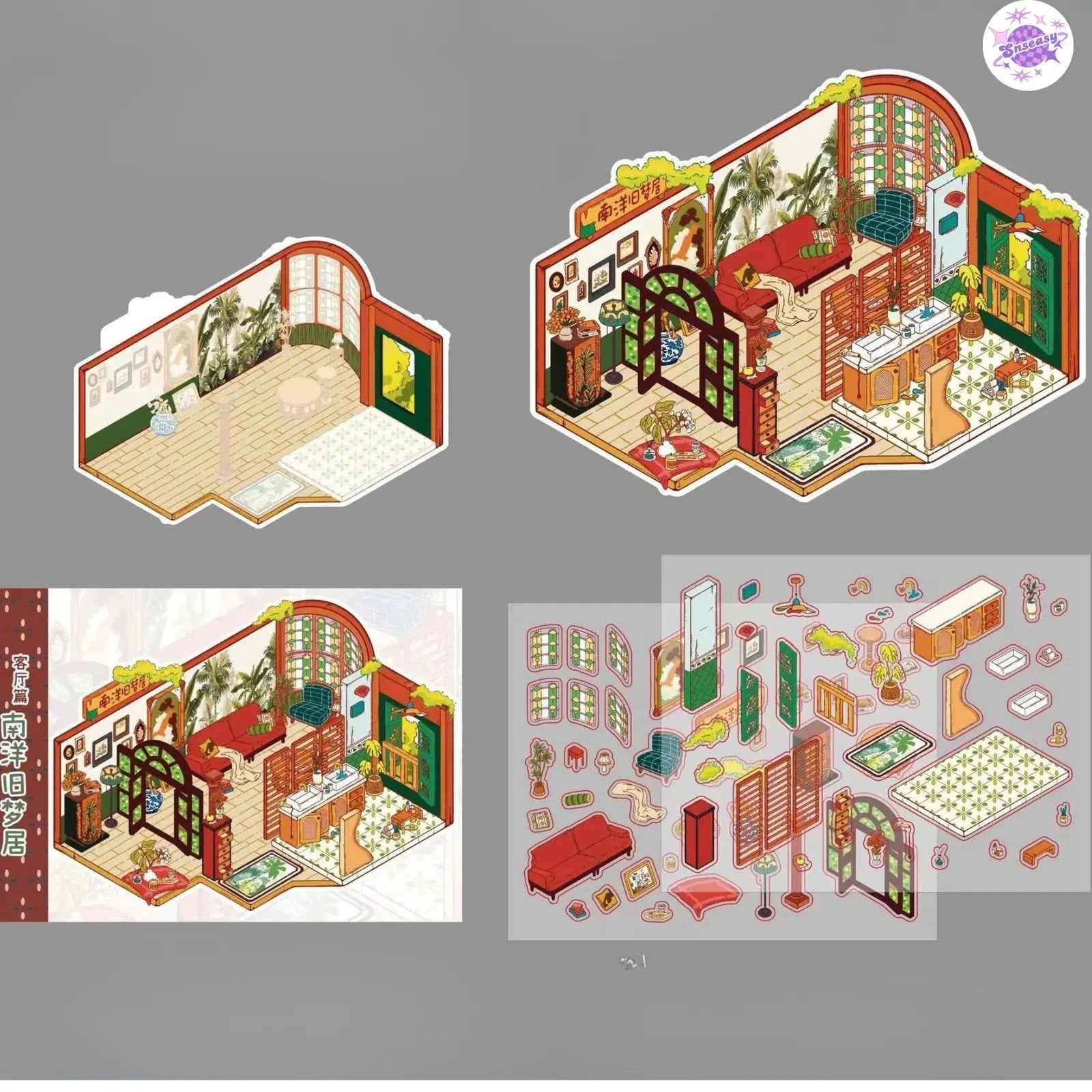 Nanyang Series – 3D Miniature Sticker Scenes - 5 Theme Sets: Nanyang Living Room | Nanyang Foyer | Nanyang Bedroom | Nanyang Kitchen | Van Gogh Studio