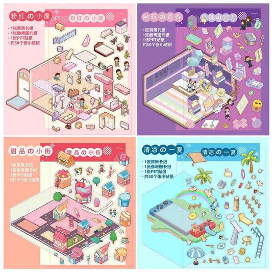 Childhood Dreams 3D Isometric Room Stickers - 4 Theme Sets: Pool Party | Arcade | Pink Loft | Dessert Street - SNSEASY