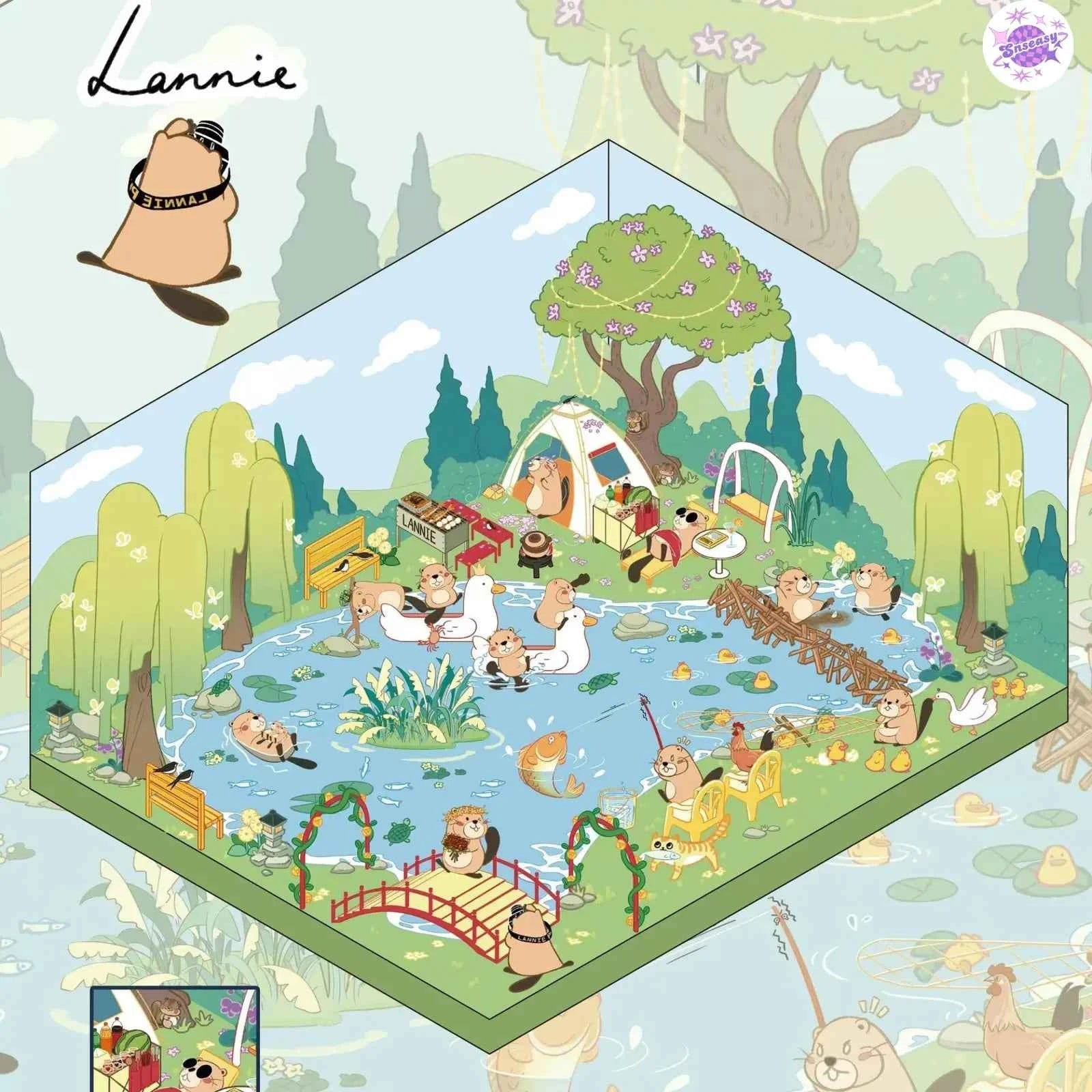 River Beaver Lanny – 3D Miniature Sticker Scenes - 4 Theme Sets: Riverside Market | BBQ Ground | Wetland Park | Ecology Garden