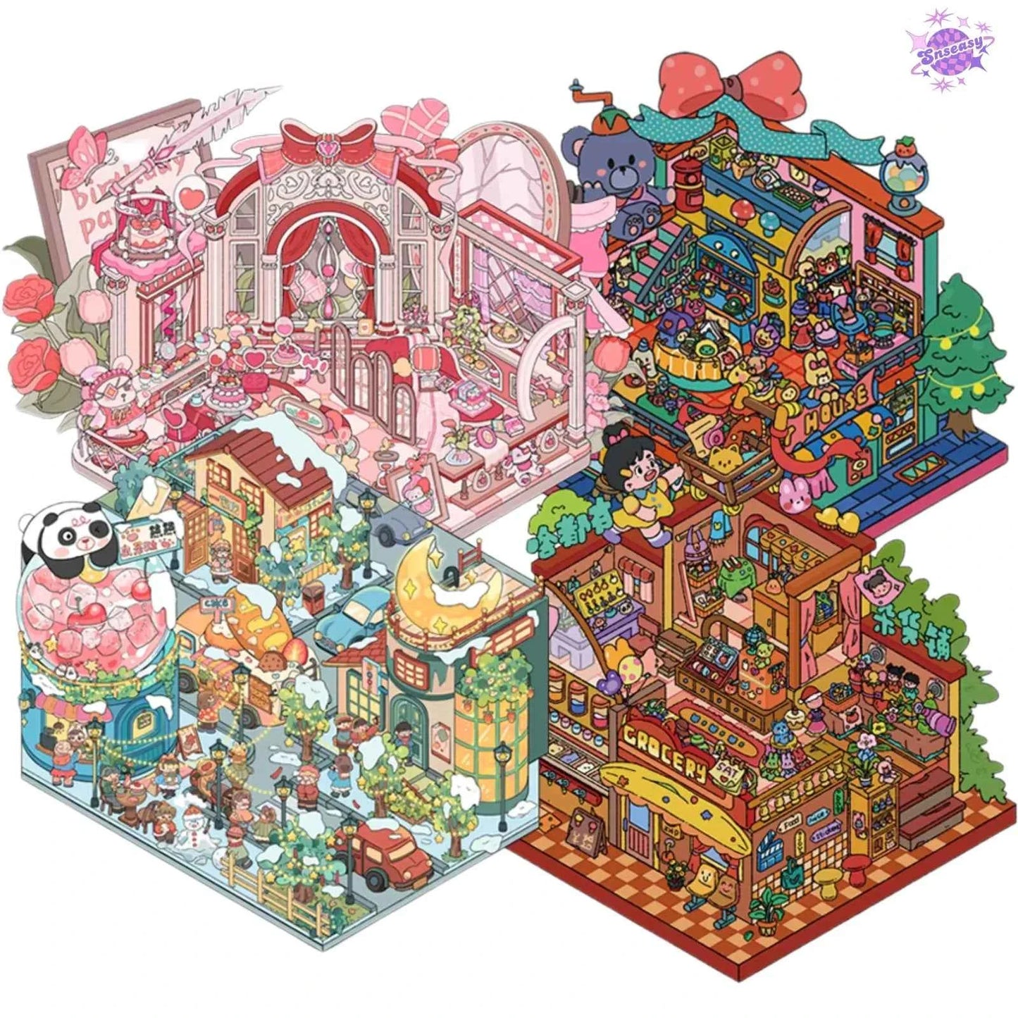 Plus Unmanned Party – 3D Miniature Sticker Scenes - 4 Theme Sets: Unmanned Party | Winter Street | Retro Toy House | Vintage Grocery Store