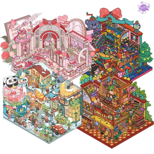 Plus Unmanned Party – 3D Miniature Sticker Scenes - 4 Theme Sets: Unmanned Party | Winter Street | Retro Toy House | Vintage Grocery Store