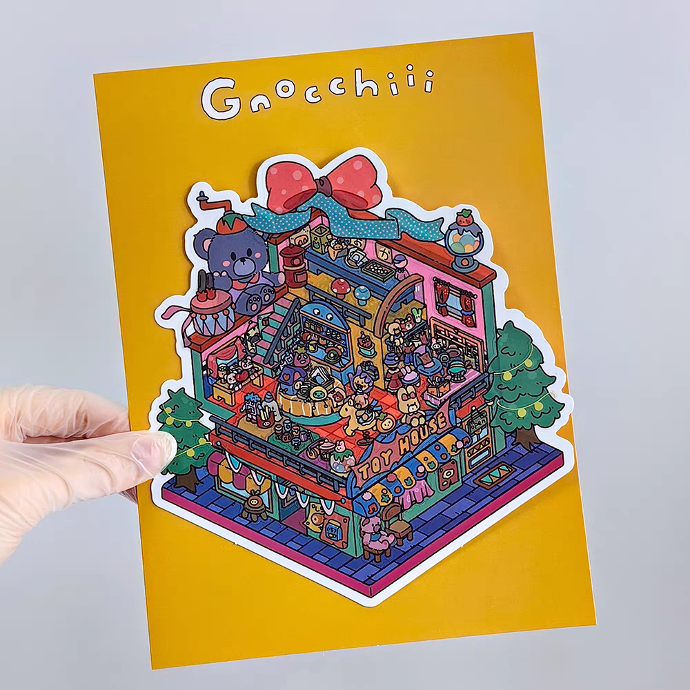 Plus Unmanned Party – 3D Miniature Sticker Scenes - 4 Theme Sets: Unmanned Party | Winter Street | Retro Toy House | Vintage Grocery Store