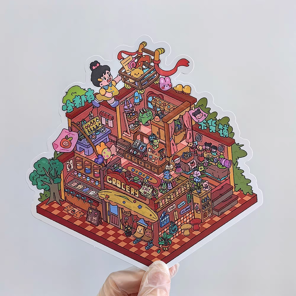 Plus Unmanned Party – 3D Miniature Sticker Scenes - 4 Theme Sets: Unmanned Party | Winter Street | Retro Toy House | Vintage Grocery Store