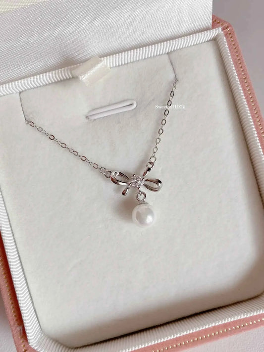 "Sweet Princess Bow" 925 Sterling Silver Pearl Necklace - Delicate, Elegant, and Royal