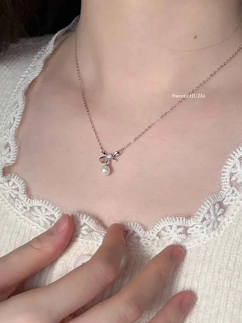 "Sweet Princess Bow" 925 Sterling Silver Pearl Necklace - Delicate, Elegant, and Royal