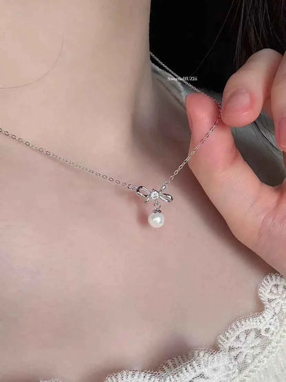 "Sweet Princess Bow" 925 Sterling Silver Pearl Necklace - Delicate, Elegant, and Royal