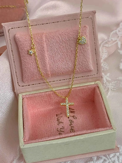 "Sparkling Faith" 925 Sterling Silver Mini Cross Heart Necklace - Elegant, Delicate, and Timeless