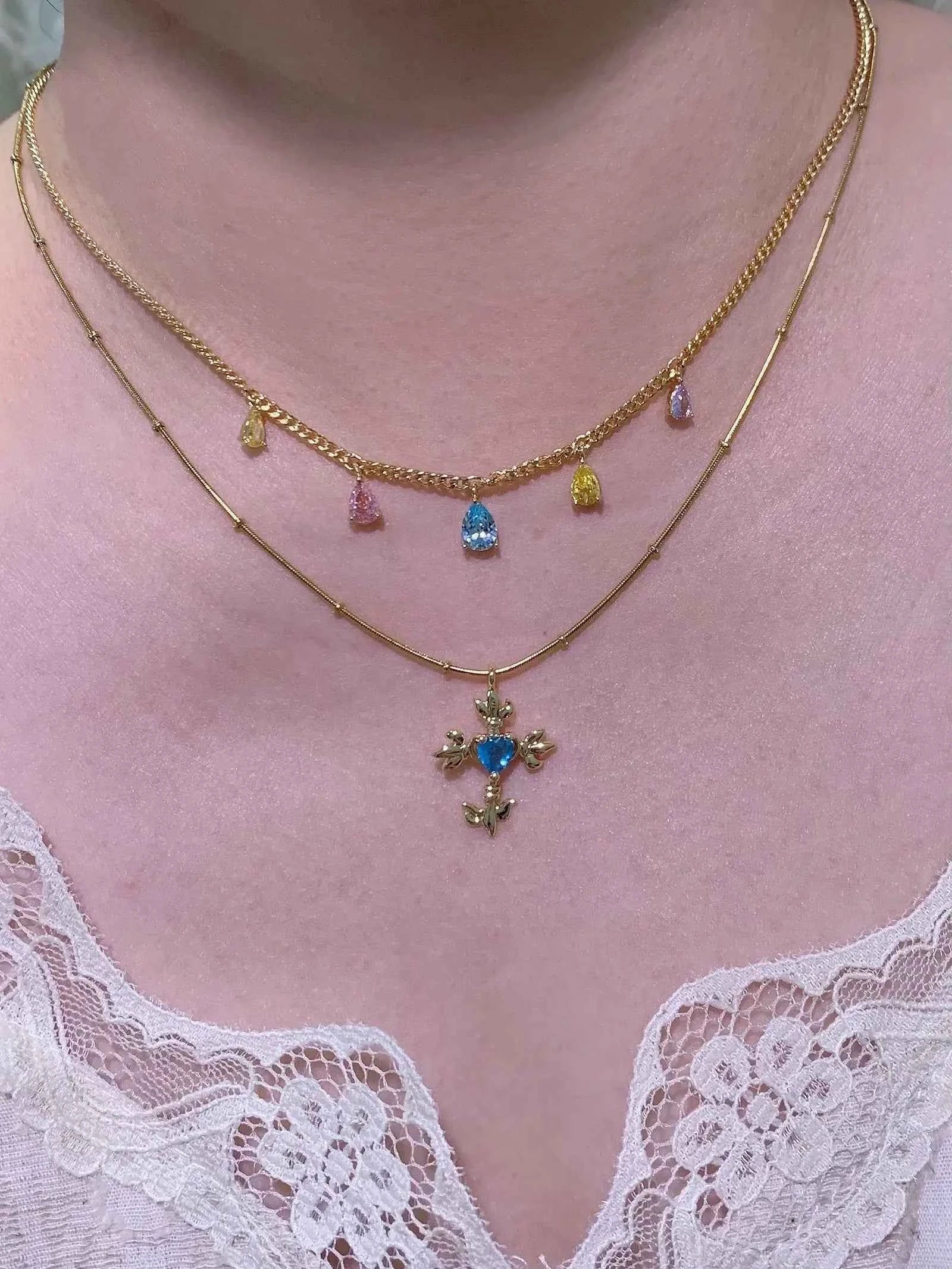"Blue Tear" Original Design Zircon Cross Pendant Necklace - Vintage, Elegant, and Unique