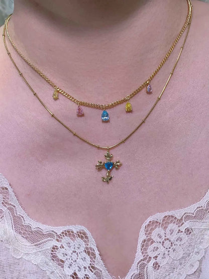 "Blue Tear" Original Design Zircon Cross Pendant Necklace - Vintage, Elegant, and Unique