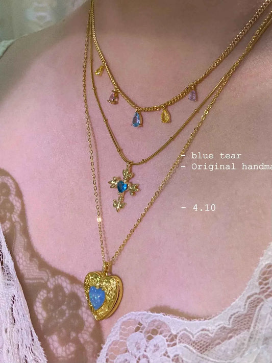 "Blue Tear" Original Design Zircon Cross Pendant Necklace - Vintage, Elegant, and Unique